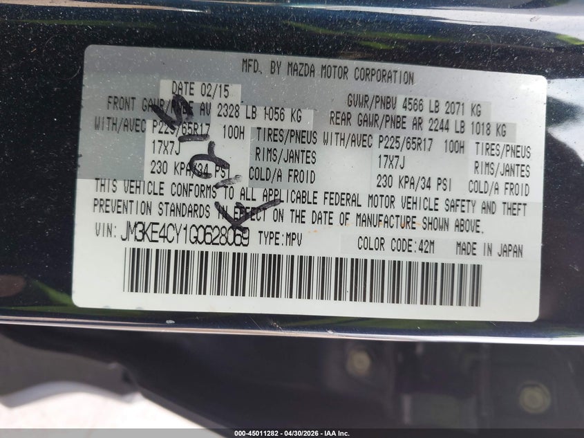 2016 Mazda Cx-5 VIN JM3KE4CY1G0628069 IAAI salvage auction — RIGHT SIDE, Salvage (Tennessee), sold $4,000 on 2026-07-14 (photo 9)