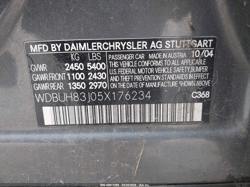2005 Mercedes-benz E-klasse VIN WDBUH83J05X176234 IAAI salvage auction — NORMAL WEAR, Original (Ohio), sold $525 on 2026-07-22 (photo 9)