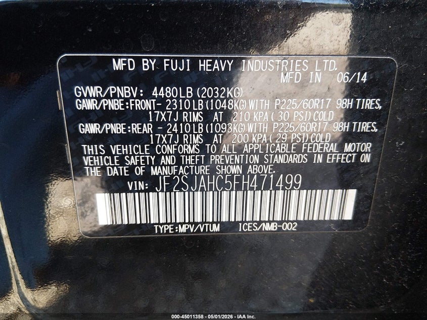 2015 Subaru Forester VIN JF2SJAHC5FH471499 IAAI salvage auction — HAIL, Salvage (Missouri), sold $2,000 on 2026-07-20 (photo 9)