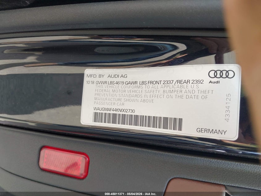 2019 Audi A4 VIN WAUGMAF44KN002730 IAAI salvage auction — FRONT END, Salvage (Connecticut), sold $4,125 on 2026-07-10 (photo 9)