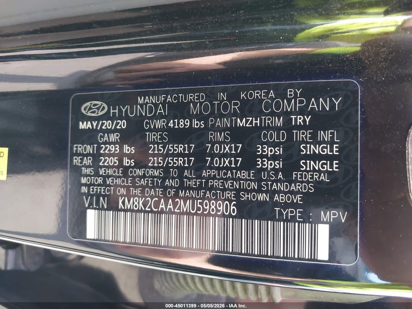 2021 Hyundai Kona VIN KM8K2CAA2MU598906 IAAI salvage auction — HAIL, Salvage (Ohio), sold $6,950 on 2026-07-21 (photo 9)