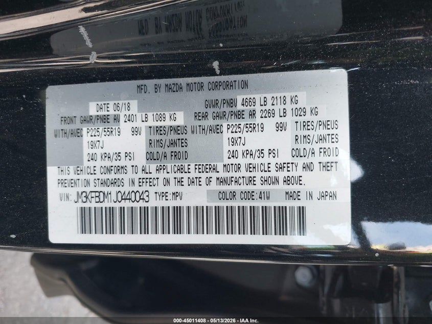 2018 Mazda Cx-5 VIN JM3KFBDM1J0440043 IAAI salvage auction — THEFT, Mv-907A (New York), sold $8,100 on 2026-07-14 (photo 9)