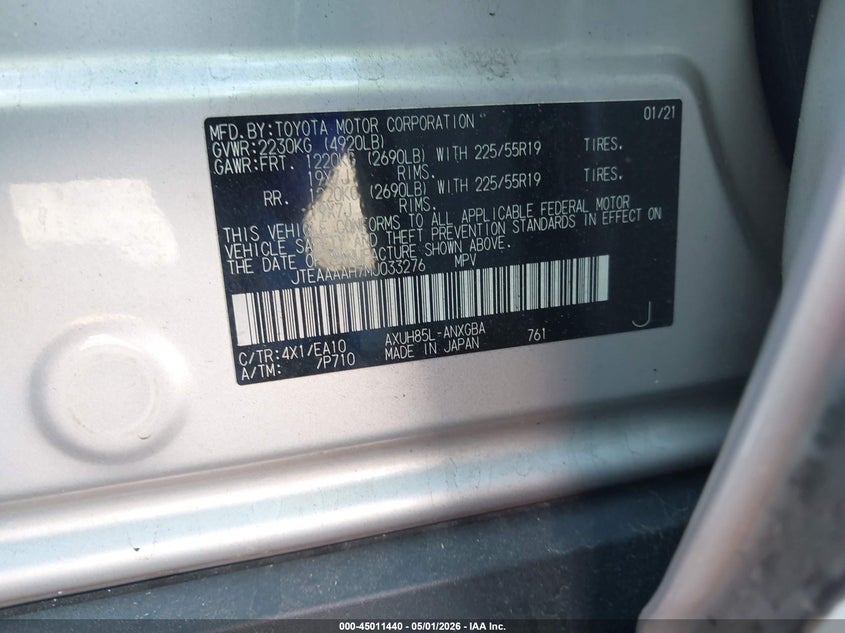 2021 Toyota Venza VIN JTEAAAAH7MJ033276 IAAI salvage auction — ALL OVER, Salvage - Greater Than 75% (Maryland), sold $3,000 on 2026-07-20 (photo 9)