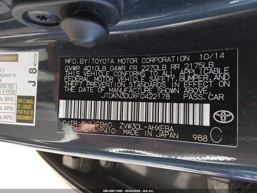 2015 Toyota Prius VIN JTDKN3DUXF0422178 IAAI salvage auction — FRONT & REAR, Salvage (South Carolina), sold $2,300 on 2026-07-15 (photo 9)
