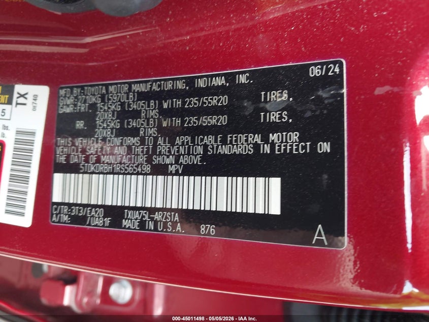 2024 Toyota Highlander VIN 5TDKDRBH1RS565498 IAAI salvage auction — RIGHT FRONT, Salvage (Massachusetts), sold $16,600 on 2026-07-24 (photo 9)