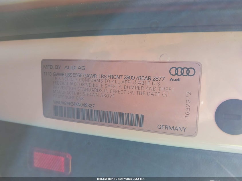 2019 Audi A6 VIN WAUM2AF24KN049327 IAAI salvage auction — LEFT SIDE, Salvage (Tennessee), sold $10,400 on 2026-07-30 (photo 9)