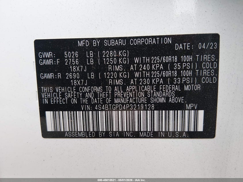 2023 Subaru Outback VIN 4S4BTGPD4P3219128 IAAI salvage auction — FRONT END, Salvage (Georgia), sold $5,900 on 2026-07-11 (photo 9)