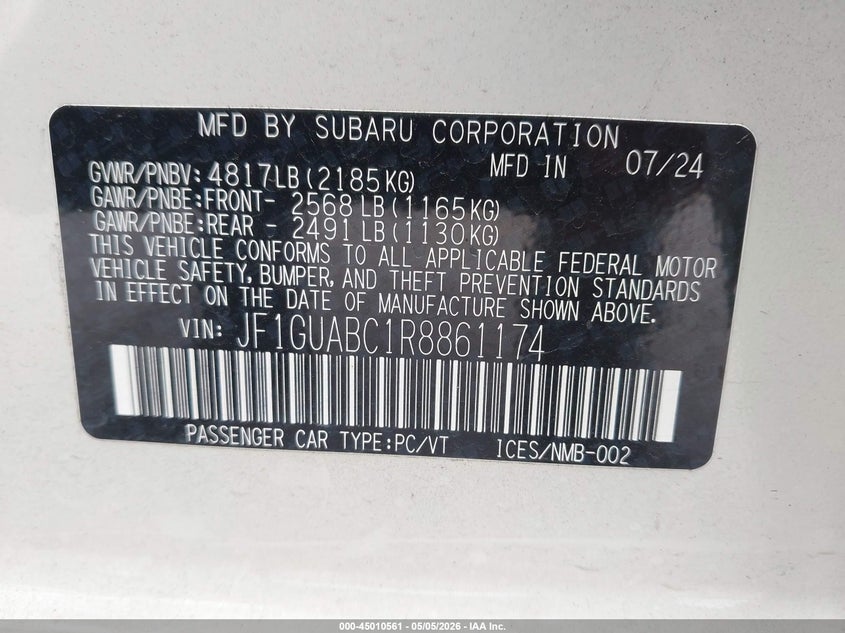 2024 Subaru Impreza VIN JF1GUABC1R8861174 IAAI salvage auction — RIGHT SIDE, Original (Texas), sold $5,100 on 2026-07-22 (photo 9)