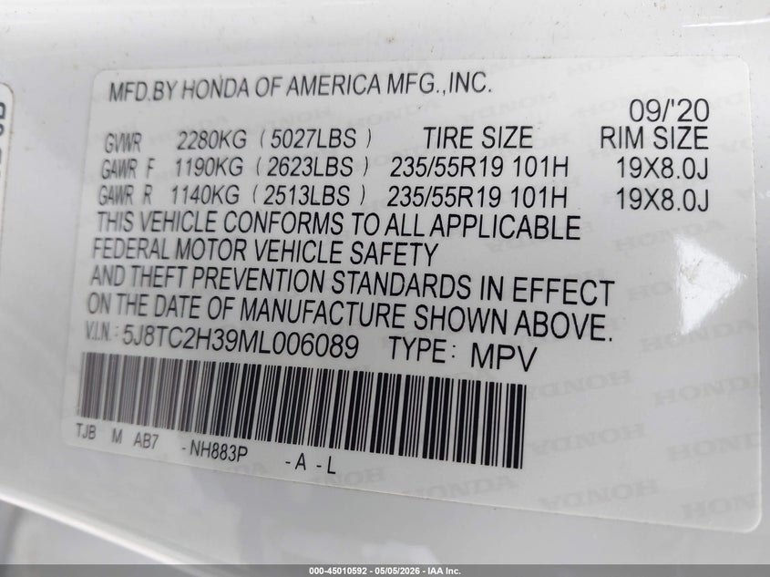 2021 Acura Rdx VIN 5J8TC2H39ML006089 IAAI salvage auction — UNKNOWN, Salvage (Illinois), sold $11,000 on 2026-07-28 (photo 9)