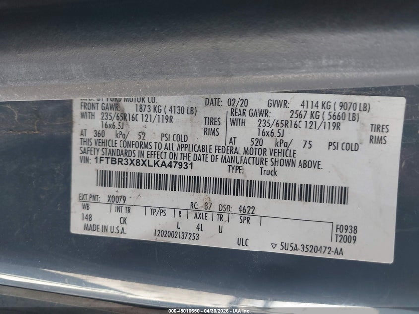 2020 Ford Transit-250 VIN 1FTBR3X8XLKA47931 IAAI salvage auction — Top/Roof, Clear (Tennessee), sold $7,000 on 2026-06-24 (photo 9)