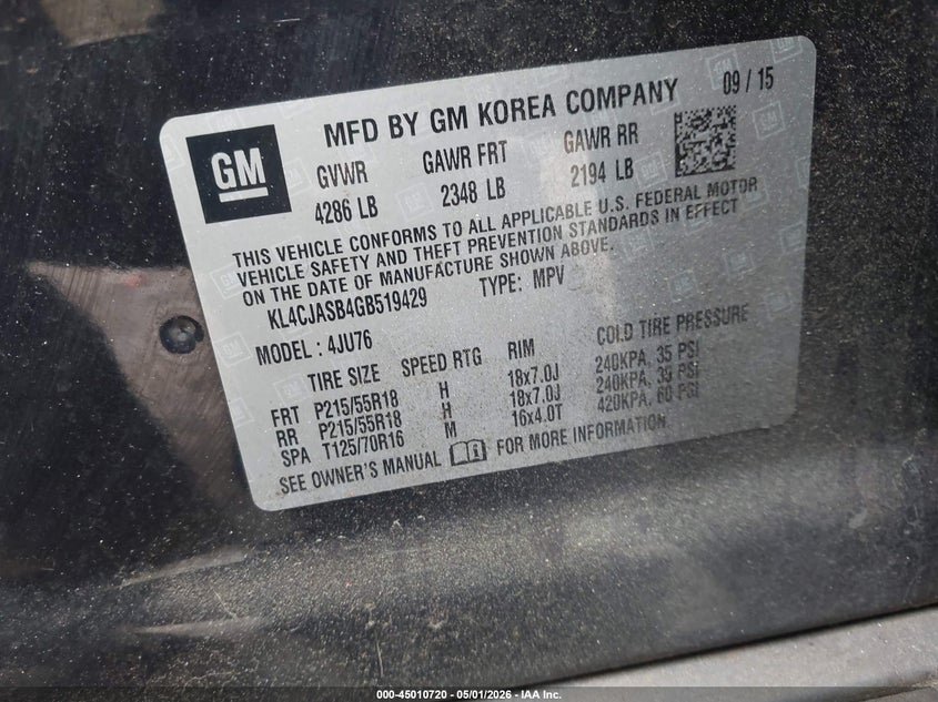 2016 Buick Encore VIN KL4CJASB4GB519429 IAAI salvage auction — ROLLOVER, Salvage (Georgia), sold $50 on 2026-07-22 (photo 9)
