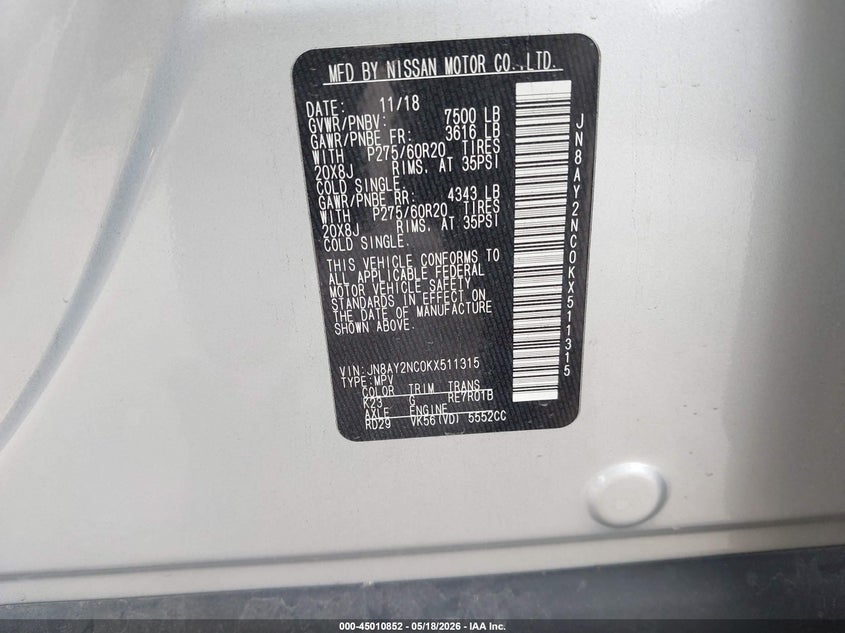 2019 Nissan Armada VIN JN8AY2NC0KX511315 IAAI salvage auction — ROOF, Salvage (Texas), sold $7,300 on 2026-07-16 (photo 9)