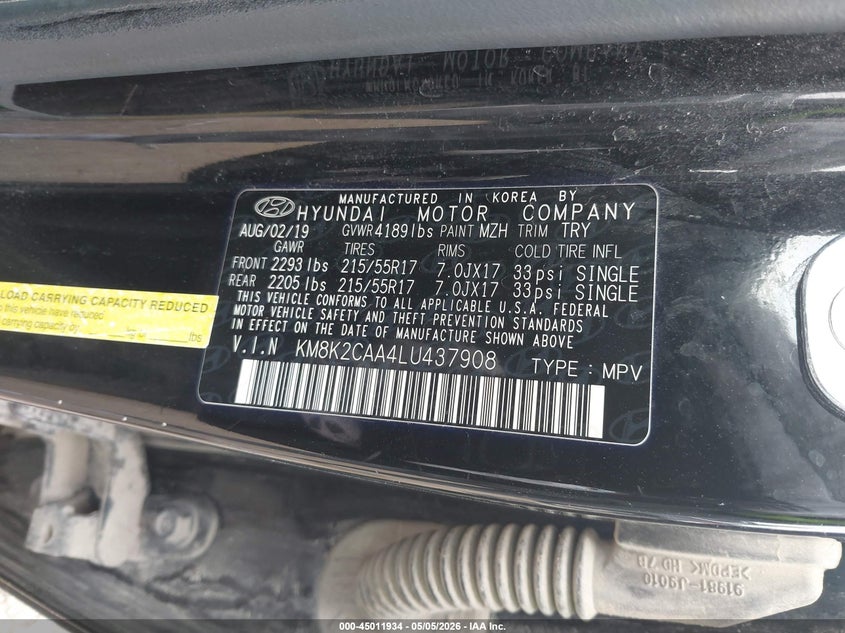 2020 Hyundai Kona VIN KM8K2CAA4LU437908 IAAI salvage auction — HAIL, Salvage (Iowa), sold $2,700 on 2026-07-29 (photo 9)
