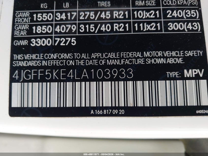 2020 Mercedes-benz Gls-klasse VIN 4JGFF5KE4LA103933 IAAI salvage auction — REAR END, Original (Texas), sold $18,100 on 2026-07-29 (photo 9)