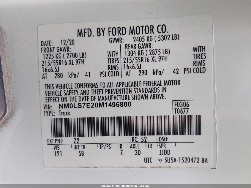 2021 Ford Transit VIN NM0LS7E20M1496800 IAAI salvage auction — REAR END, Original (Texas), sold $6,650 on 2026-07-24 (photo 9)