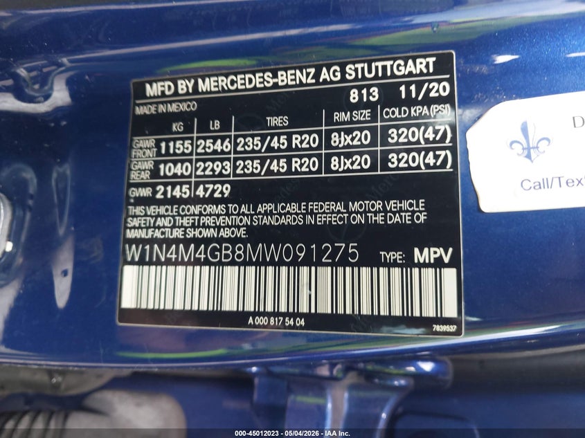 2021 Mercedes-benz Glb VIN W1N4M4GB8MW091275 IAAI salvage auction — RIGHT FRONT, Salvage (Missouri), sold $5,200 on 2026-07-26 (photo 9)