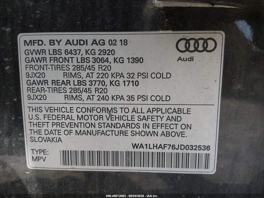 2018 Audi Q7 VIN WA1LHAF76JD032536 IAAI salvage auction — LEFT FRONT, Salvage (Pennsylvania), sold $3,050 on 2026-07-07 (photo 9)