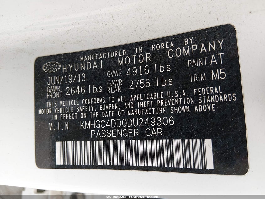 2013 Hyundai Genesis VIN KMHGC4DD0DU249306 IAAI salvage auction — FRONT END, Original (Texas), sold $25 on 2026-07-28 (photo 9)