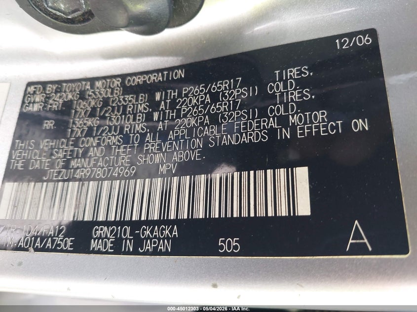 2007 Toyota 4runner VIN JTEZU14R978074969 IAAI salvage auction — FRONT END, Salvage (North Carolina), sold $2,475 on 2026-07-09 (photo 9)