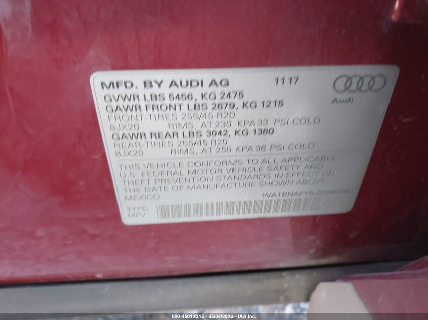 2018 Audi Q5 VIN WA1BNAFY5J2098066 IAAI salvage auction — RIGHT FRONT, Salvage (Idaho), sold $7,075 on 2026-08-01 (photo 9)