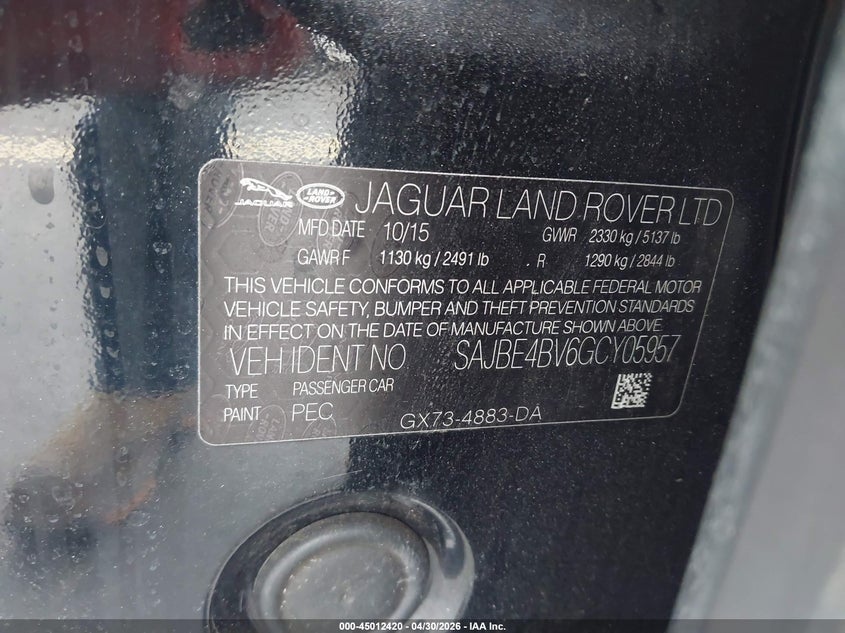 2016 Jaguar Xf VIN SAJBE4BV6GCY05957 IAAI salvage auction — Burn Engine, Certificate Of Destruction (Florida), sold $400 on 2026-07-16 (photo 9)