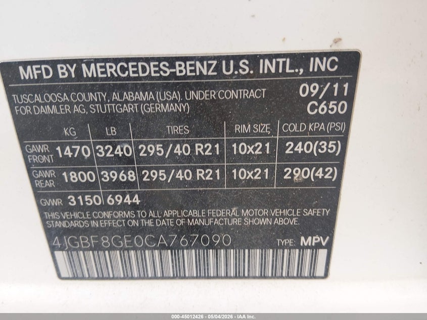 2012 Mercedes-benz Gl-klasse VIN 4JGBF8GE0CA767090 IAAI salvage auction — HAIL, Salvage (Kansas), sold $3,350 on 2026-07-17 (photo 9)