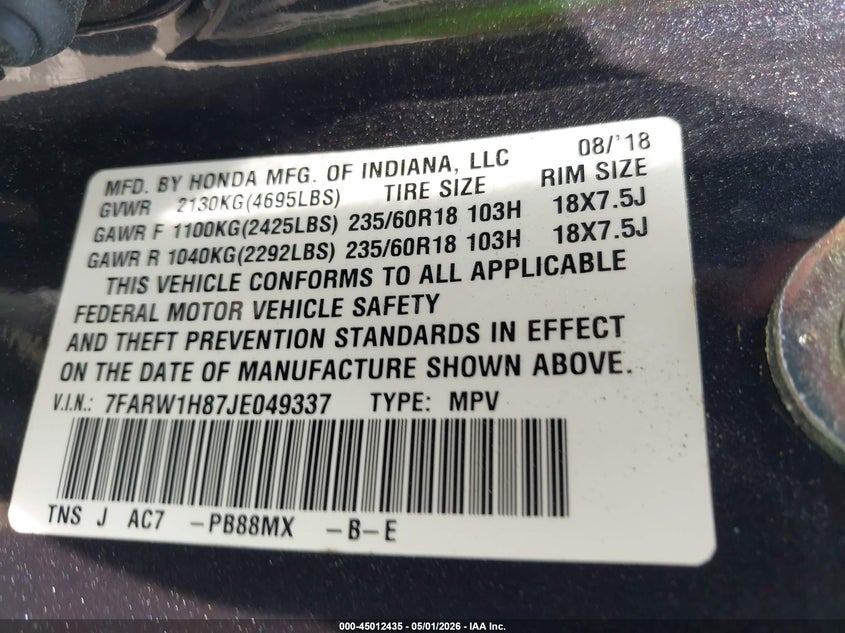 2018 Honda Cr-v VIN 7FARW1H87JE049337 IAAI salvage auction — FRONT END, Salvage (North Carolina), sold $5,300 on 2026-07-09 (photo 9)
