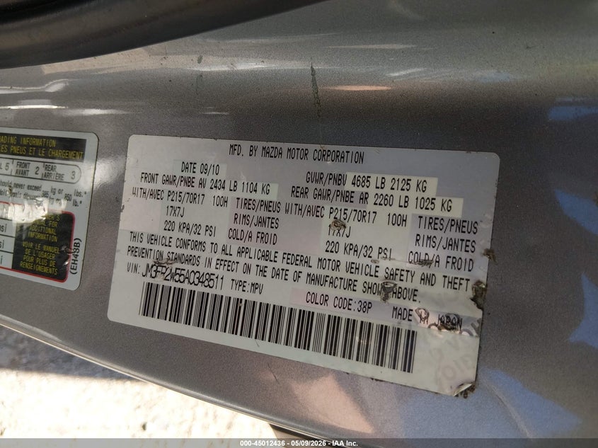2010 Mazda Cx-7 VIN JM3ER2W55A0348511 IAAI salvage auction — HAIL, Salvage (Iowa), sold $450 on 2026-07-13 (photo 9)