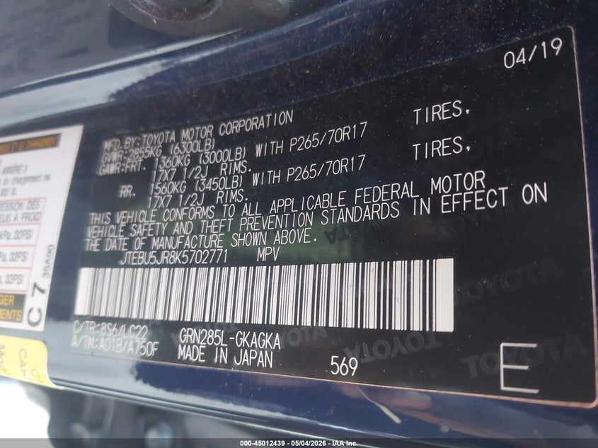 2019 Toyota 4runner VIN JTEBU5JR8K5702771 IAAI salvage auction — LEFT SIDE, Original (Texas), sold $12,200 on 2026-07-28 (photo 9)