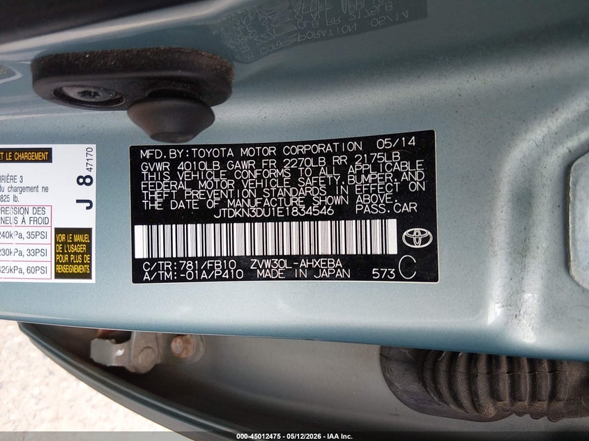 2014 Toyota Prius VIN JTDKN3DU1E1834546 IAAI salvage auction — FRONT END, Salvage (Maine), sold $1,000 on 2026-07-13 (photo 9)