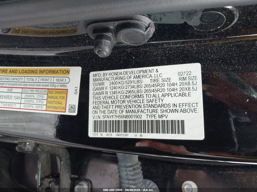 2022 Honda Passport VIN 5FNYF7H56NB001902 IAAI salvage auction — FRONT END, Salvage (Louisiana), sold $7,100 on 2026-07-13 (photo 9)