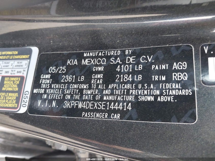 2025 Kia K4 VIN 3KPFW4DEXSE144414 IAAI salvage auction — FRONT END, Original (Texas), sold $14,650 on 2026-08-18 (photo 9)