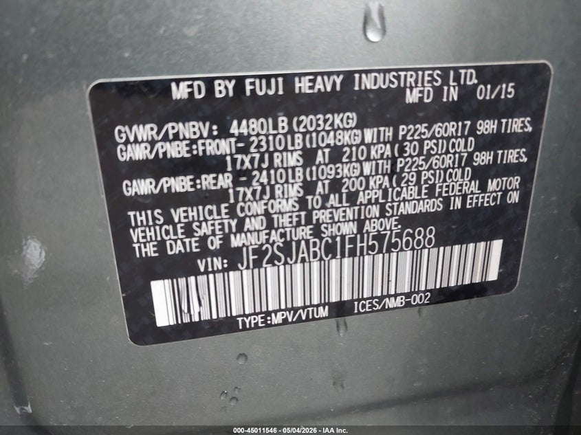 2015 Subaru Forester VIN JF2SJABC1FH575688 IAAI salvage auction — FRONT END, Clear (Indiana), sold $575 on 2026-07-29 (photo 9)