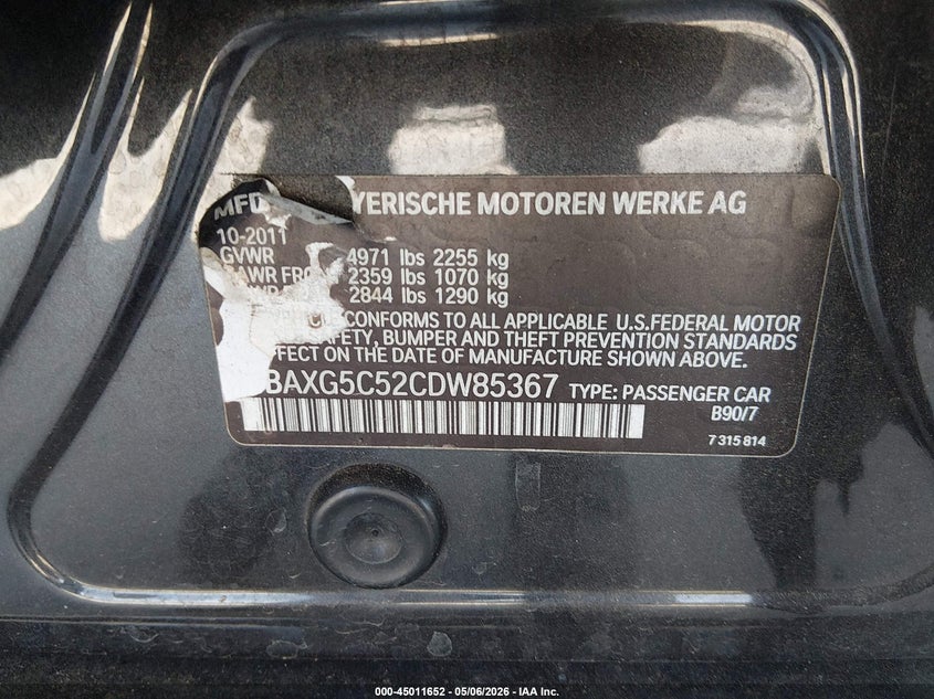 2012 BMW 5er VIN WBAXG5C52CDW85367 IAAI salvage auction — FRONT END, Salvage (Idaho), sold $375 on 2026-07-20 (photo 9)