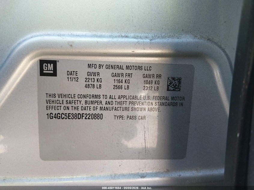 2013 Buick Lacrosse VIN 1G4GC5E38DF220880 IAAI salvage auction — ROLLOVER, Bill Of Sale (Georgia), sold $150 on 2026-07-10 (photo 9)