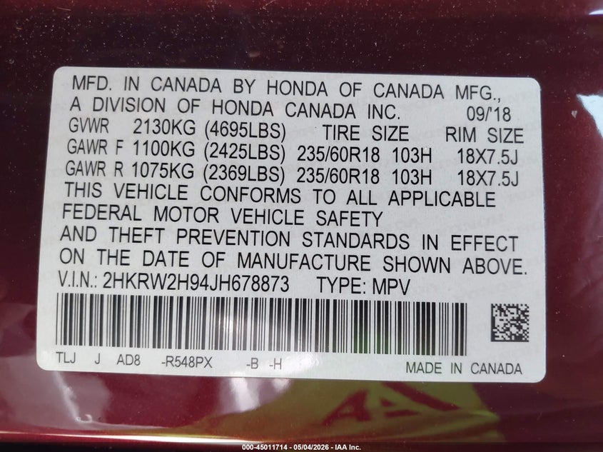 2018 Honda Cr-v VIN 2HKRW2H94JH678873 IAAI salvage auction — RIGHT SIDE, Salvage Title, sold $8,100 on 2026-07-25 (photo 9)