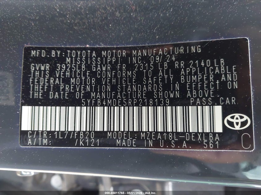 2024 Toyota Corolla VIN 5YFB4MDE5RP218139 IAAI salvage auction — FRONT END, Salvage (Georgia), sold $4,550 on 2026-07-23 (photo 9)