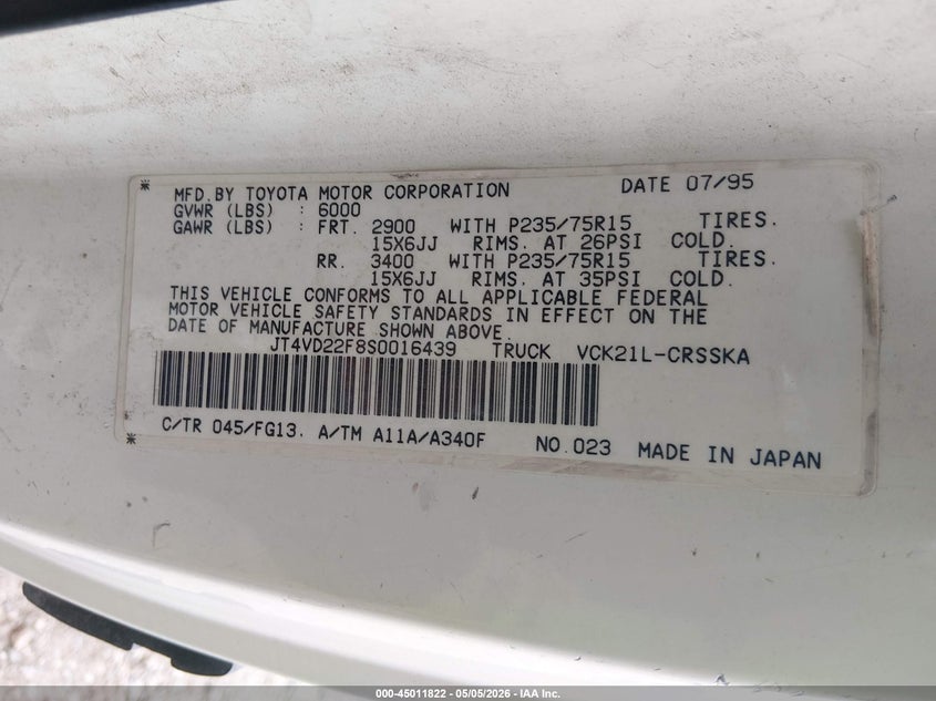 1995 Toyota T100 VIN JT4VD22F8S0016439 IAAI salvage auction — NORMAL WEAR, Salvage (Texas), sold $550 on 2026-07-29 (photo 9)