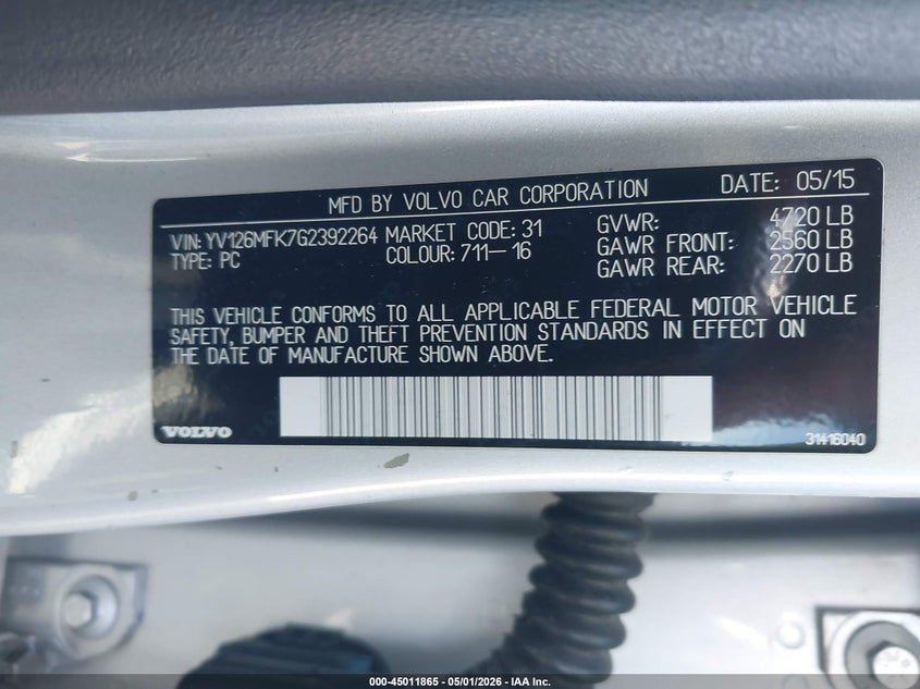 2016 Volvo S60 VIN YV126MFK7G2392264 IAAI salvage auction — THEFT, Wait Title, sold $650 on 2026-07-28 (photo 9)