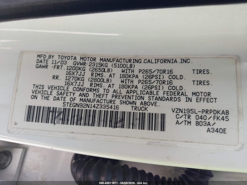 2004 Toyota Tacoma VIN 5TEGN92N14Z335416 IAAI salvage auction — FRONT & REAR, Salvage (California), sold $1,750 on 2026-07-08 (photo 9)