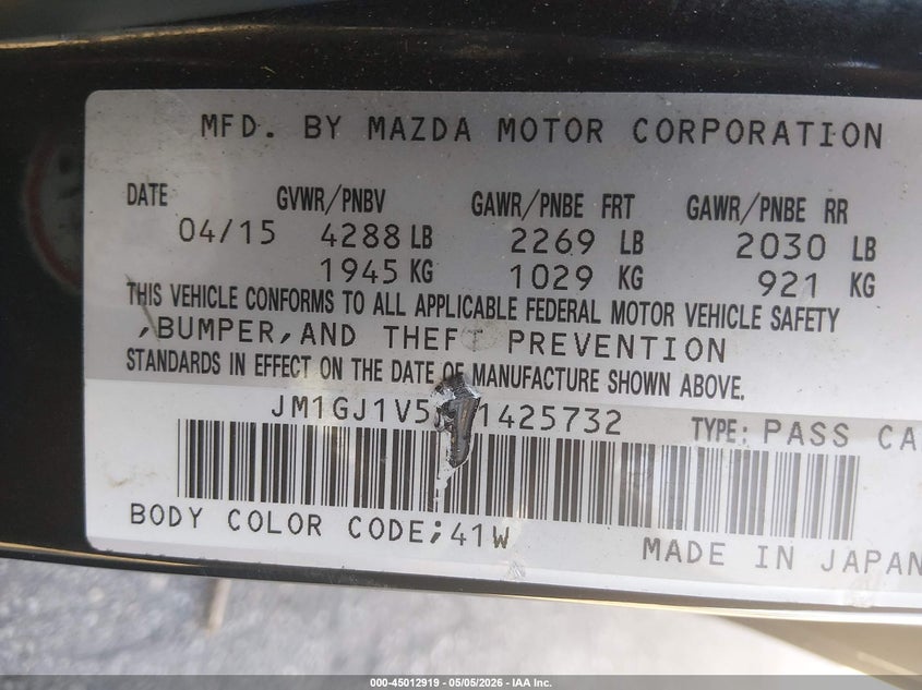 2016 Mazda 6 VIN JM1GJ1V52G1425732 IAAI salvage auction — FRONT END, Salvage (South Carolina), sold $875 on 2026-07-29 (photo 9)