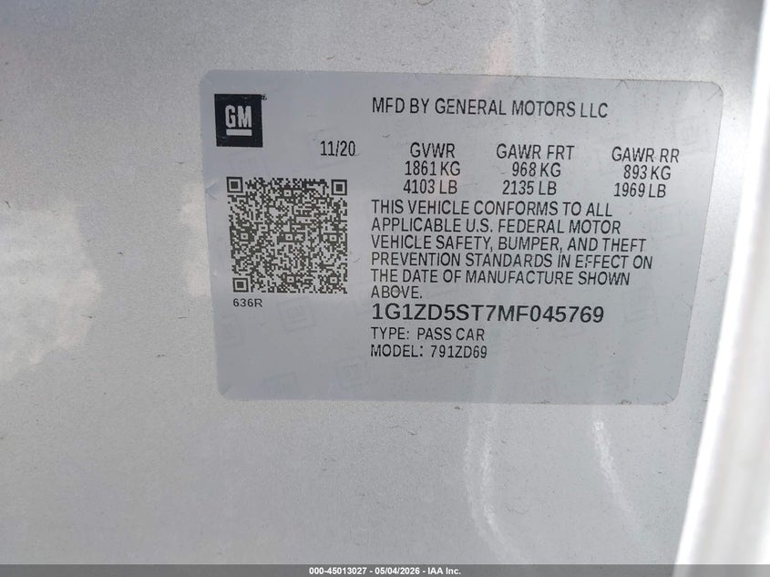 2021 Chevrolet Malibu VIN 1G1ZD5ST7MF045769 IAAI salvage auction — NORMAL WEAR, Repossession Paperwork (Georgia), sold $9,400 on 2026-07-23 (photo 9)