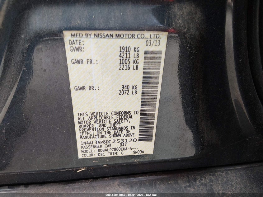 2013 Nissan Altima VIN 1N4AL3AP8DC253120 IAAI salvage auction — NORMAL WEAR, Clear (Florida), sold $850 on 2026-07-11 (photo 9)