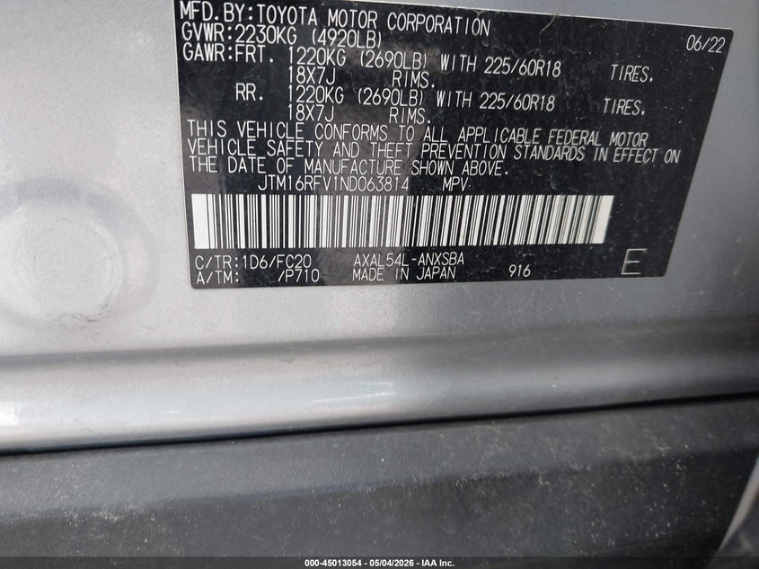 2022 Toyota Rav 4 VIN JTM16RFV1ND063814 IAAI salvage auction — FRONT END, Salvage Title, sold $10,100 on 2026-07-09 (photo 9)