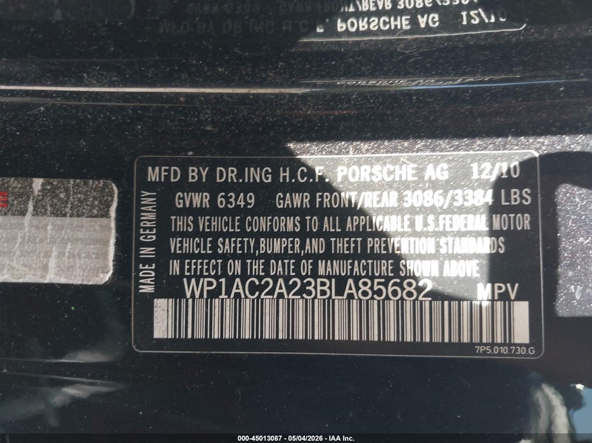 2011 Porsche Cayenne VIN WP1AC2A23BLA85682 IAAI salvage auction — FRESH WATER, Salvage (Maryland), sold $4,100 on 2026-07-15 (photo 9)