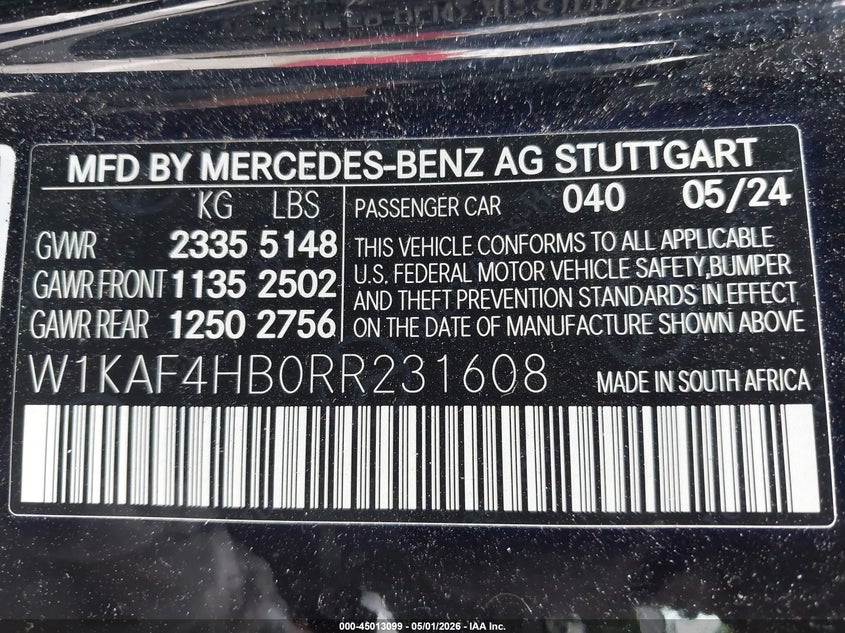 2024 Mercedes-benz C-klasse VIN W1KAF4HB0RR231608 IAAI salvage auction — RIGHT SIDE, Salvage (California), sold $17,900 on 2026-09-02 (photo 9)
