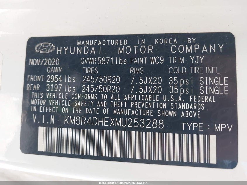 2021 Hyundai Palisade VIN KM8R4DHEXMU253288 IAAI salvage auction — ROLLOVER, Salvage (Massachusetts), sold $1,850 on 2026-07-17 (photo 9)