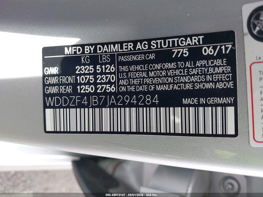 2018 Mercedes-benz E-klasse VIN WDDZF4JB7JA294284 IAAI salvage auction — FRONT END, Salvage (Tennessee), sold $6,050 on 2026-07-07 (photo 9)