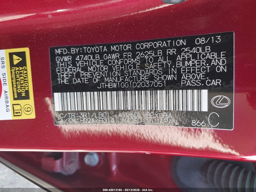 2013 Lexus ES VIN JTHBW1GG1D2037051 IAAI salvage auction — LEFT FRONT, Clear (Oklahoma), sold $4,050 on 2026-07-29 (photo 9)