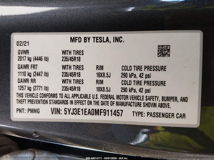 2021 Tesla Model 3 VIN 5YJ3E1EA0MF911457 IAAI salvage auction — FRONT END, Clear (Hawaii), sold $25 on 2026-07-28 (photo 9)